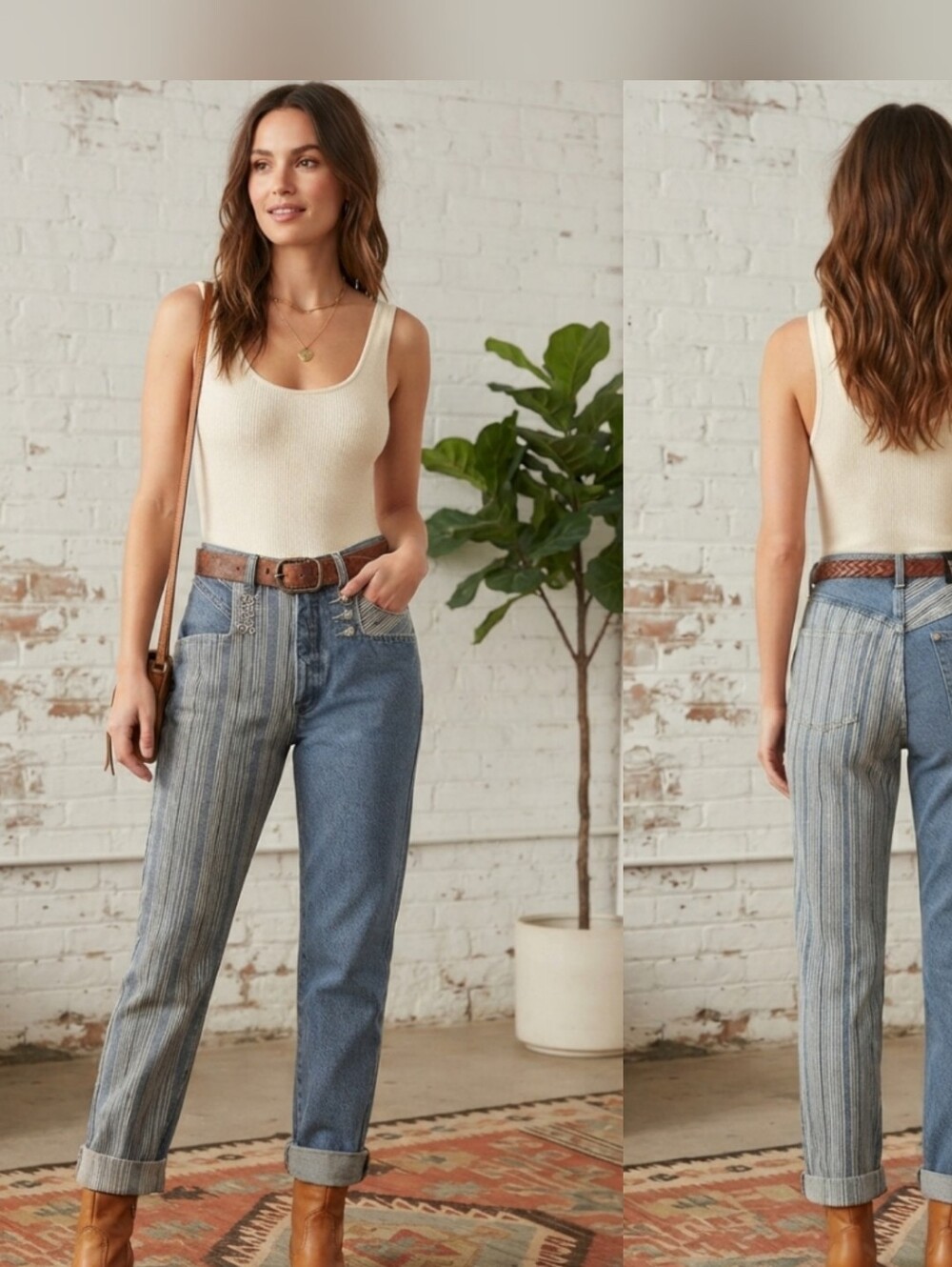 Western Ethics Vintage Blue Denim Striped High Rise Mom Jeans Silver Heart Butto